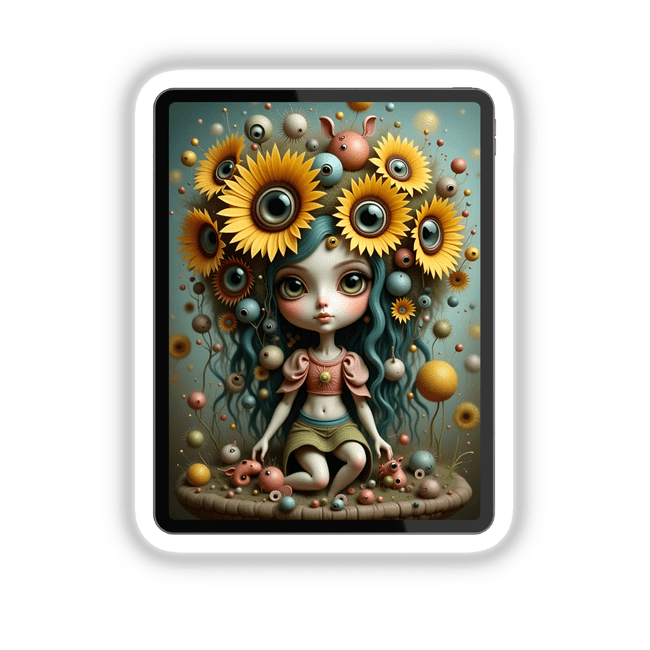 Sunflower Girl artwork features a whimsical girl with sunflower eyes and a crown of vibrant blossoms, surrounded by floating orbs, capturing innocence and wonder. Available as unique stickers or digital art.