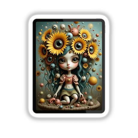 Sunflower Girl artwork features a whimsical girl with sunflower eyes and a crown of vibrant blossoms, surrounded by floating orbs, capturing innocence and wonder. Available as unique stickers or digital art.