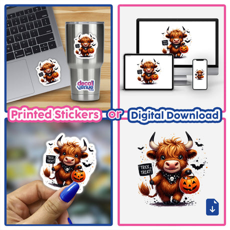A Halloween Highland Cow Trick or Treat sticker featuring a cartoon yak holding a pumpkin and sign, available as a sticker or digital artwork.