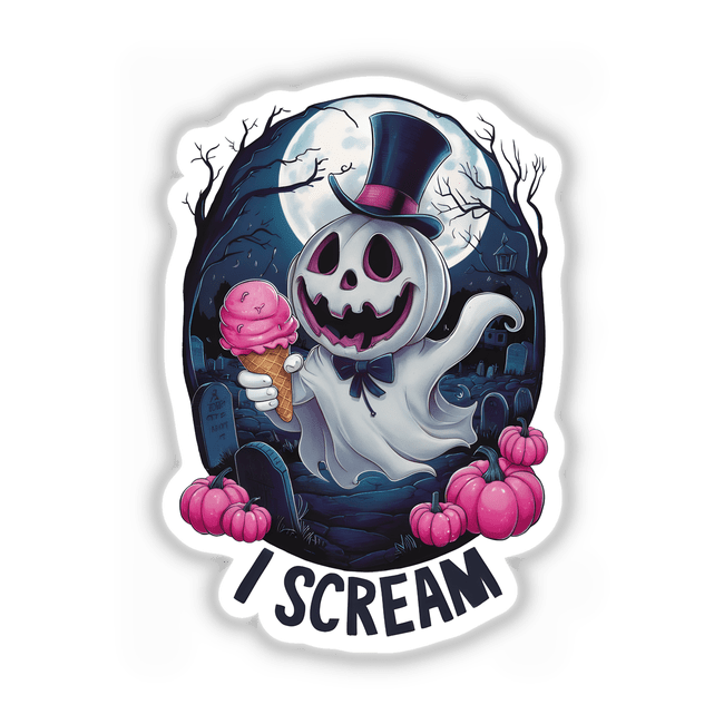 Whimsical Halloween pumpkin ghost holding an ice cream cone in a spooky, moonlit graveyard scene with leafless trees and pink pumpkins.