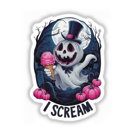 Whimsical Halloween pumpkin ghost holding an ice cream cone in a spooky, moonlit graveyard scene with leafless trees and pink pumpkins.