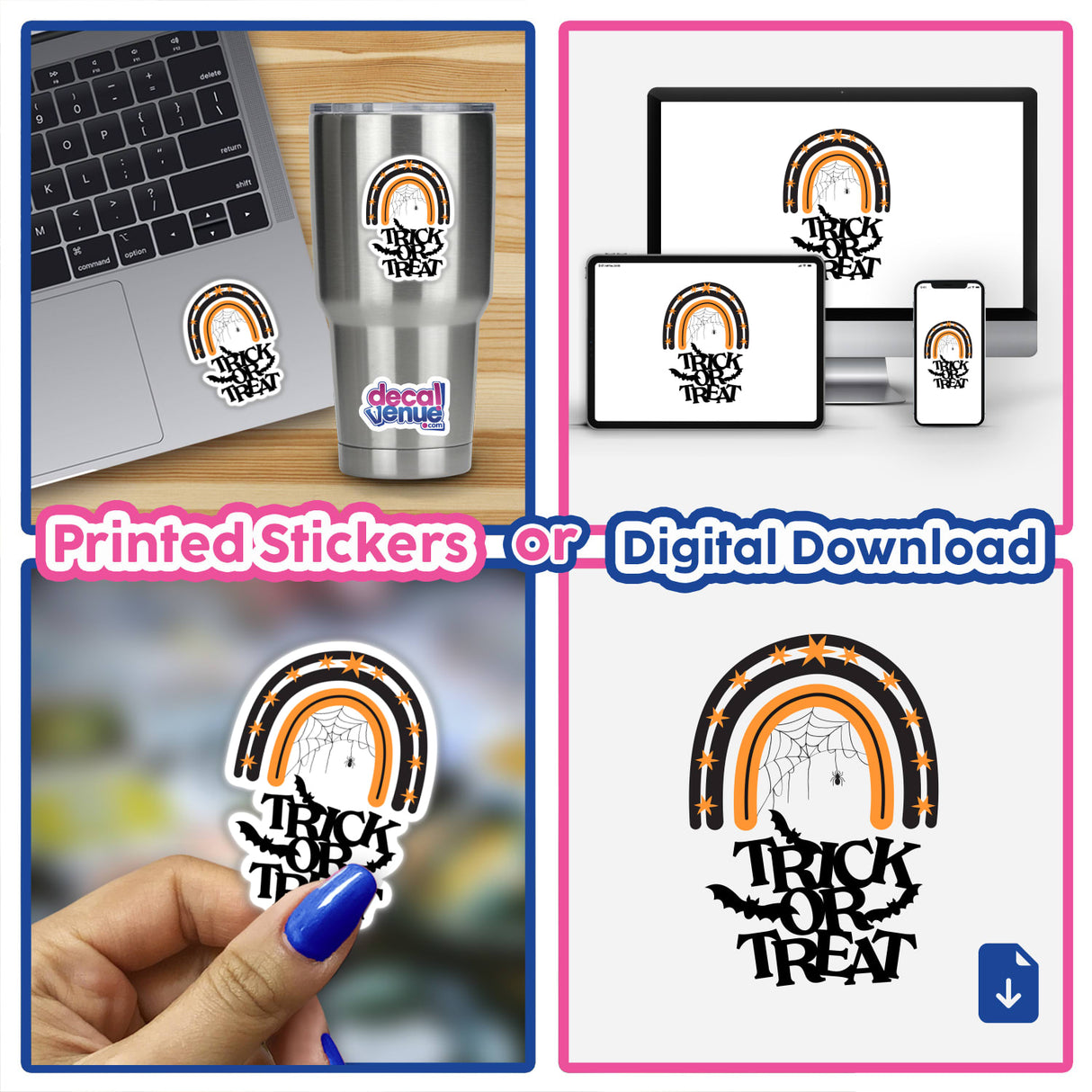 Trick or Treat black and orange rainbow sticker features a spider web, bats, and a spider. Available as unique stickers or digital artwork, perfect for adding a festive touch to devices.