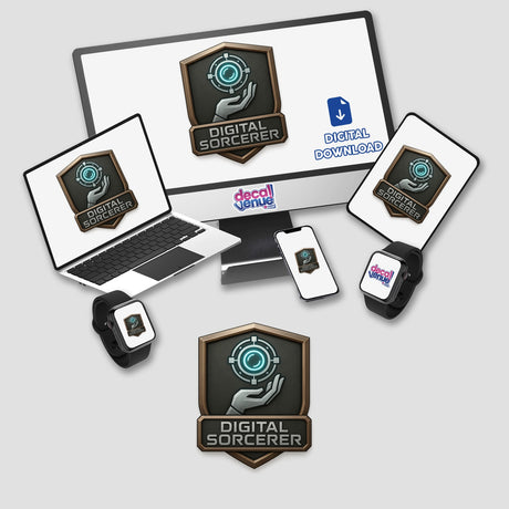 Digital Sorcerer – RPG-Style Skill Badge featuring intricate bronze and silver tech emblem design, available as detailed stickers or digital artwork, capturing a unique blend of fantasy and technology.