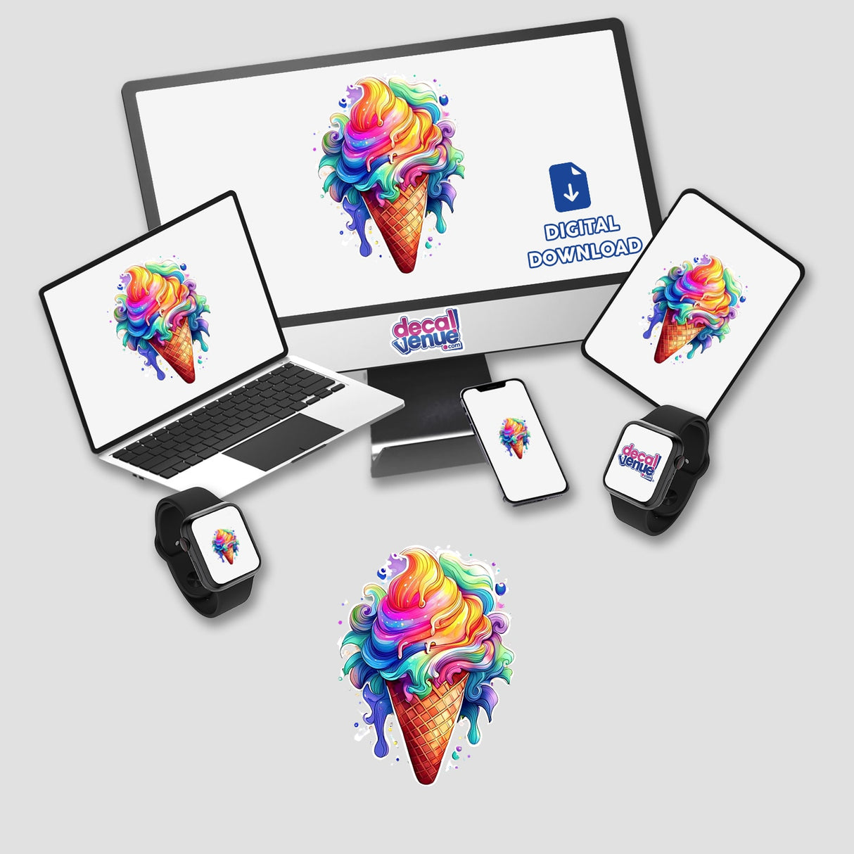 Vibrant digital artwork of a colorful ice cream cone displayed on various devices, including a laptop, smartphone, and smartwatch, as well as stickers. The artwork features a striking blend of vivid rainbow colors and a whimsical design, showcasing the creative talent of the ArtMix brand.
