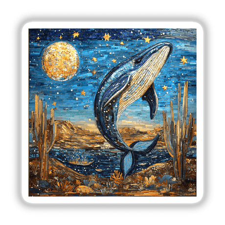 Celestial Whale and Desert Landscape Mosaic featuring a detailed whale leaping from water, available as stickers or digital artwork from Decal Venue.