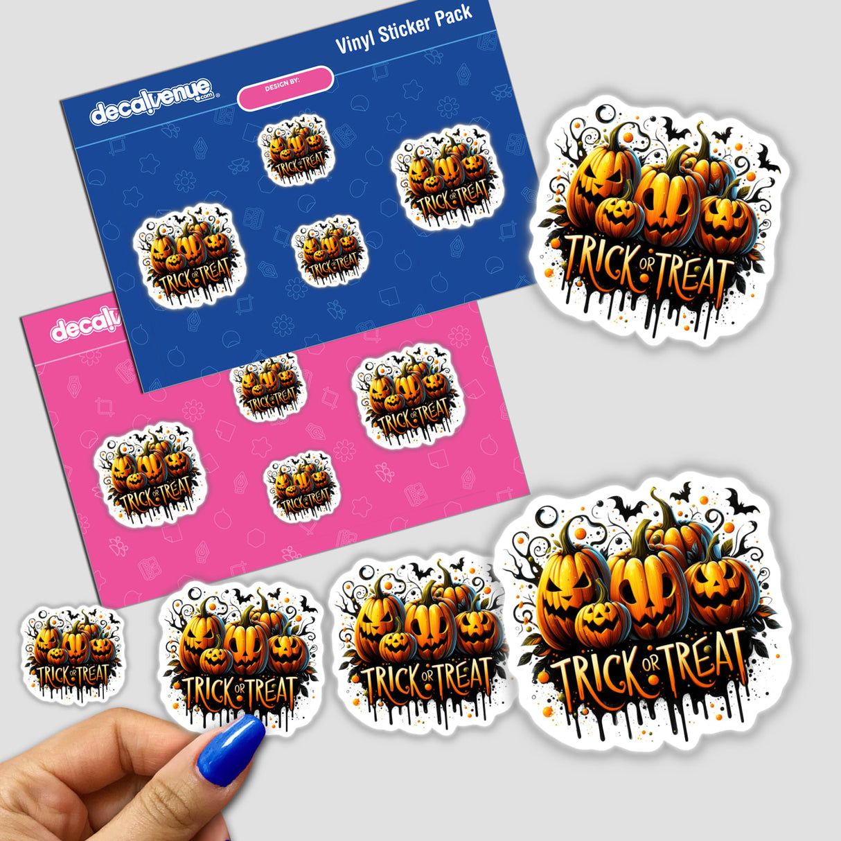 Spooky Halloween Pumpkins Trick or Treat stickers featuring a group of pumpkins with text, perfect for seasonal decoration or digital artwork.