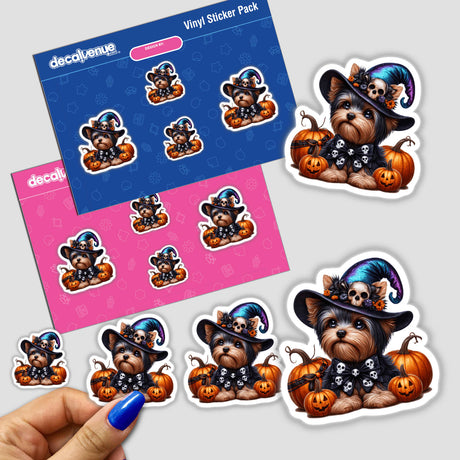 Halloween Yorkie Dog and Skulls stickers featuring a cute dog in a hat with pumpkins. Available as stickers or digital artwork.