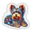 Yorkie Jewels and Gemstones sticker featuring a colorful terrier adorned with sparkling jewelry on its chest, highlighting a blue gem with gold trim. Available as stickers or digital artwork.