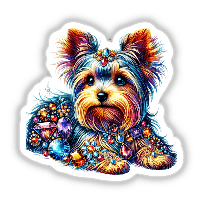 Yorkie Jewels and Gemstones sticker featuring a colorful terrier adorned with sparkling jewelry on its chest, highlighting a blue gem with gold trim. Available as stickers or digital artwork.