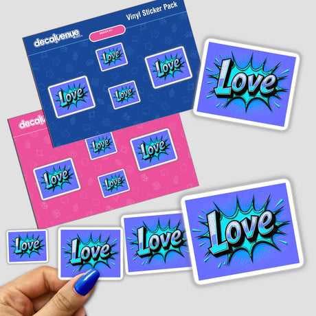 Love Valentine's Day stickers, featuring bold text and comic book style design, with a finger interacting closely. Available as stickers or digital artwork from Decal Venue's unique collection.