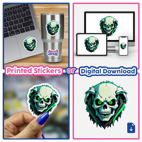 Collage featuring 'A Hybrid Human Dog Skull' stickers and digital downloads, showcasing the unique design on various surfaces like laptops and cups, emphasizing its versatility as artwork from Decal Venue.