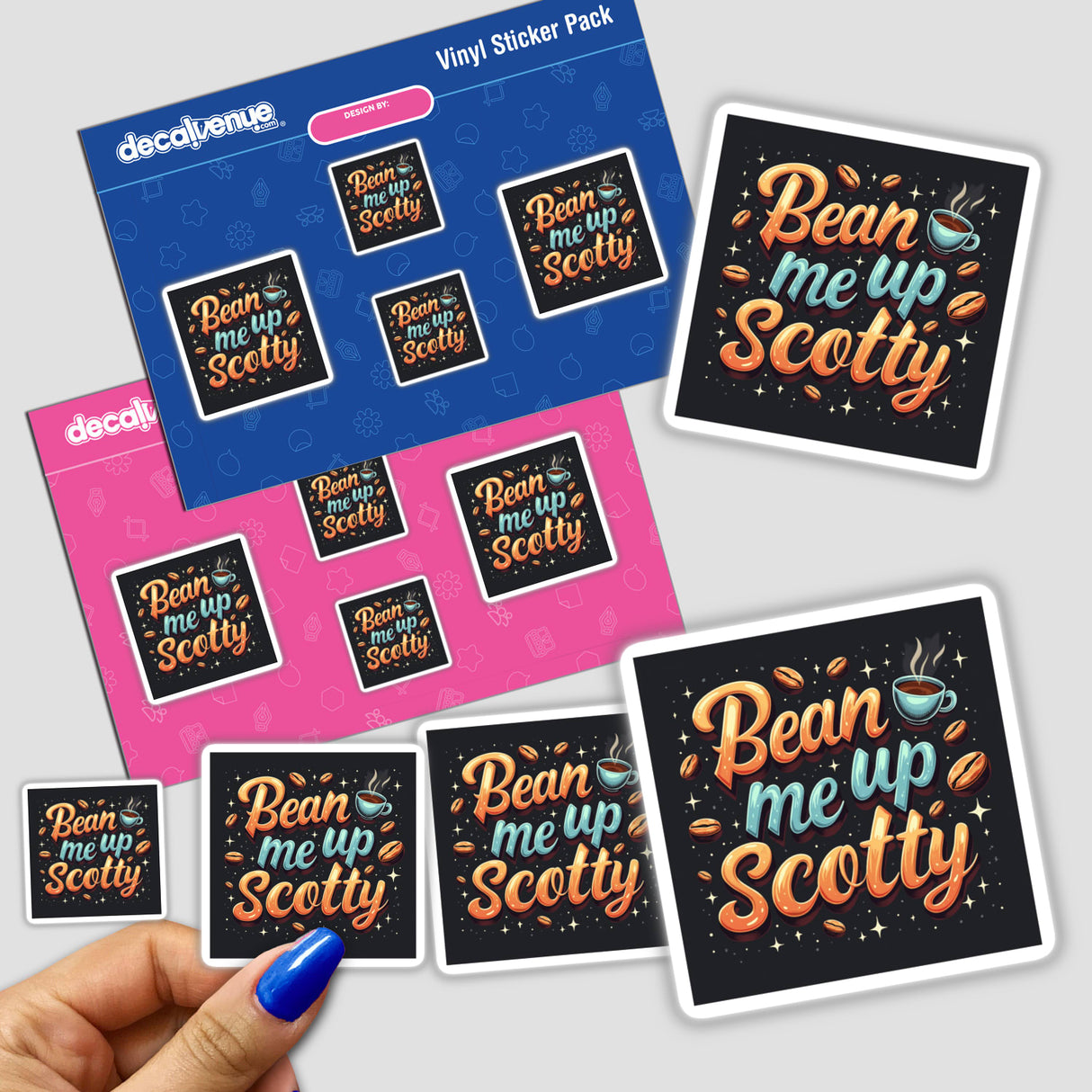Bean Me Up, Scotty Sticker pack held in hand, featuring sci-fi coffee-themed clipart perfect for espresso lovers, available as both stickers and digital artwork from Decal Venue.