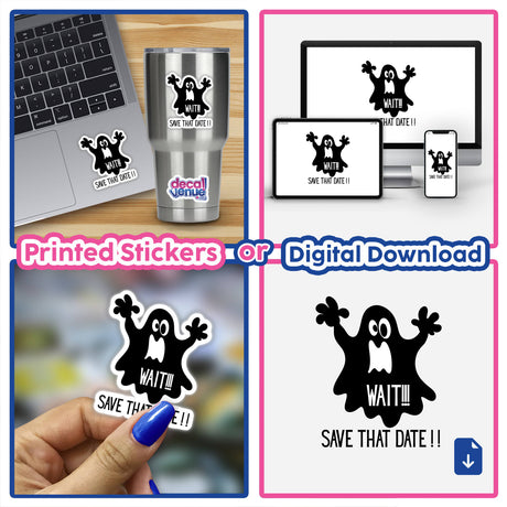 Halloween Save the Date stickers or digital artwork featuring a giant black ghost design, perfect for Halloween-themed weddings to announce their special date creatively.