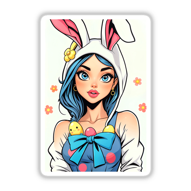 a woman with blue hair wearing a bunny costume