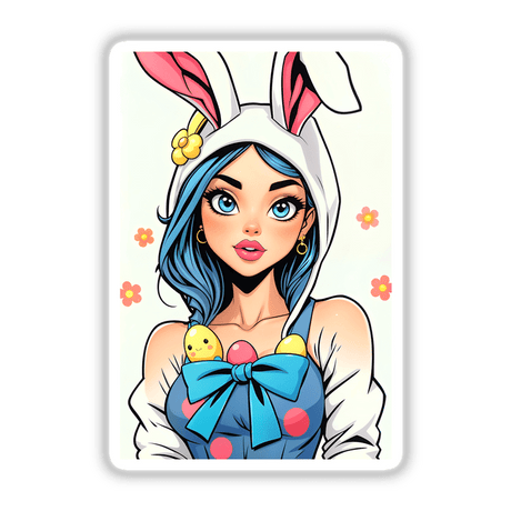 a woman with blue hair wearing a bunny costume