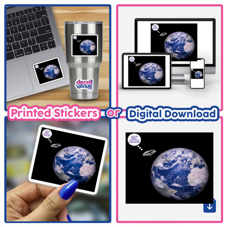 Collage featuring Earth images, a person painting a nail, and a hand holding an Earth picture, representing the BAD NEIGHBORHOOD sticker and digital artwork collection.