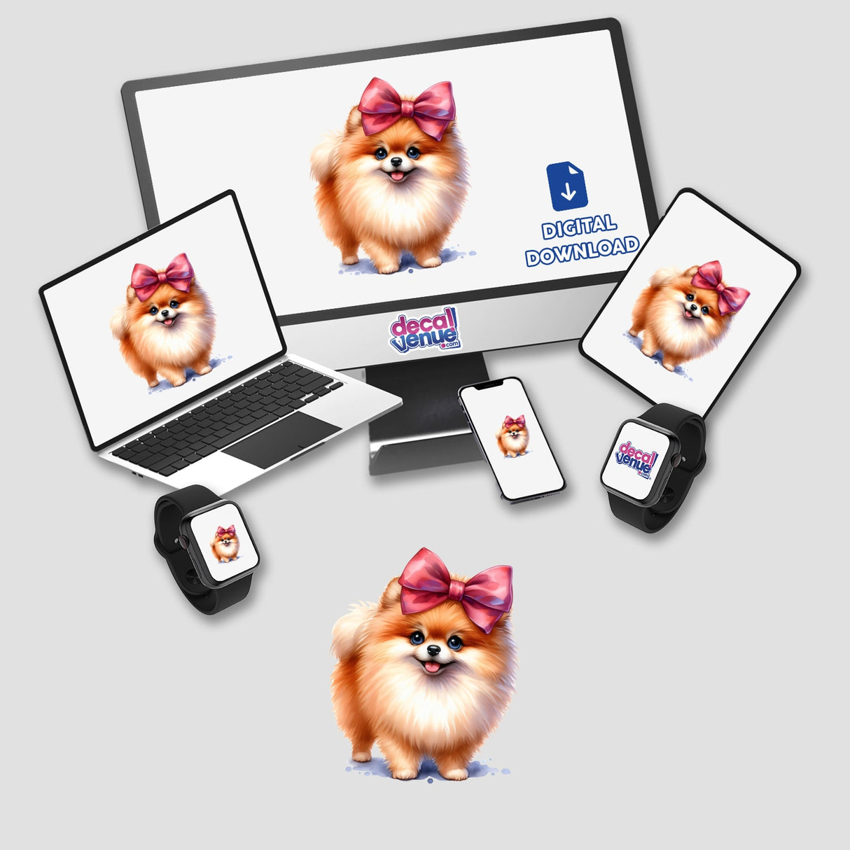 Fluffy Pomeranian dog wearing large pink bow in digital artwork