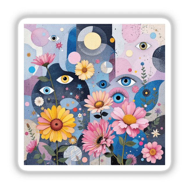 Blooming Vision: A painting of flowers intertwined with eyes, available as stickers or digital artwork, showcasing unique artistic creativity suitable for enhancing personal spaces.