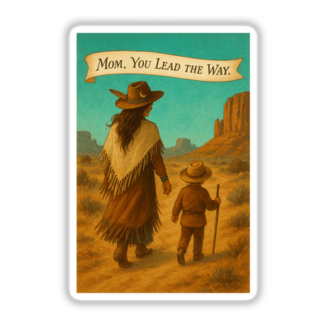 Boho Western Mother’s Day Sticker and Clipart—Turquoise Trailblazer: features a woman and child walking in a desert, embodying a unique, artistic, and outdoor theme available as stickers or digital artwork.