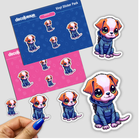 a hand holding a sticker of a small dog