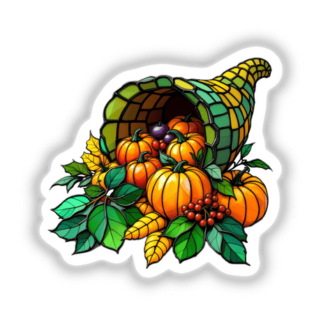 Cornucopia Stained Glass Style artwork features pumpkins, leaves, and grapes, available as stickers or digital art. Ideal for adding a unique, artistic touch to seasonal decor.