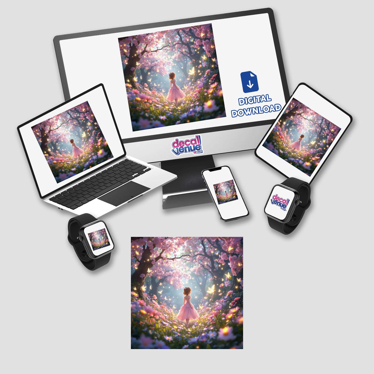 Enchanted Princess in a Dreamy Meadow depicted on a laptop screen, featuring a girl running in a pink dress with flowers, available as stickers or digital artwork.