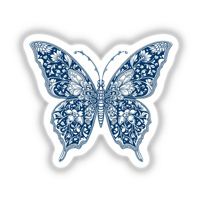Chinoiserie Butterfly: A detailed depiction of a blue and white butterfly, available as stickers or digital artwork, showcasing intricate wing patterns typical of Decal Venue's unique offerings.