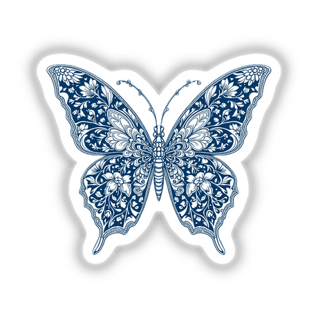 Chinoiserie Butterfly: A detailed depiction of a blue and white butterfly, available as stickers or digital artwork, showcasing intricate wing patterns typical of Decal Venue's unique offerings.