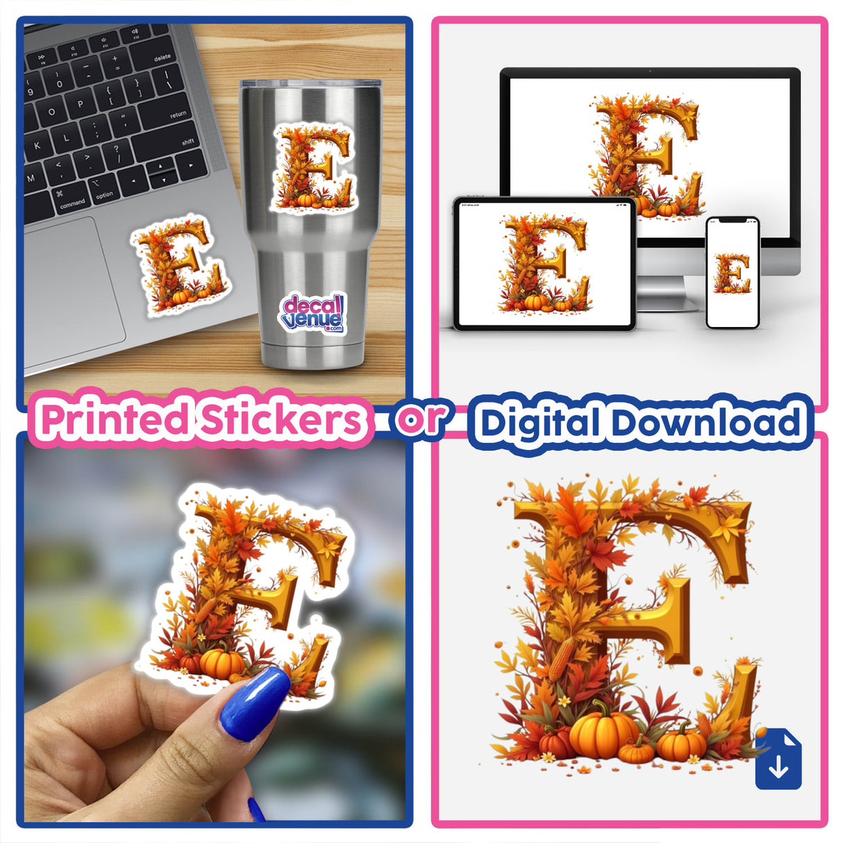 Fall Aesthetic Letter E Clipart featuring pumpkins and leaves, available as stickers or digital artwork with commercial rights. Includes close-ups of decals on laptops and fingers, reflecting Decal Venue's unique style.