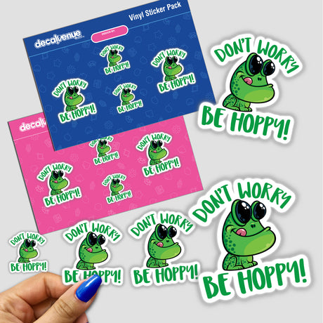 Don't Worry Be Hoppy Smiling Cartoon Frog stickers featuring cartoon frogs with big eyes and playful text, available as vinyl stickers or digital artwork.