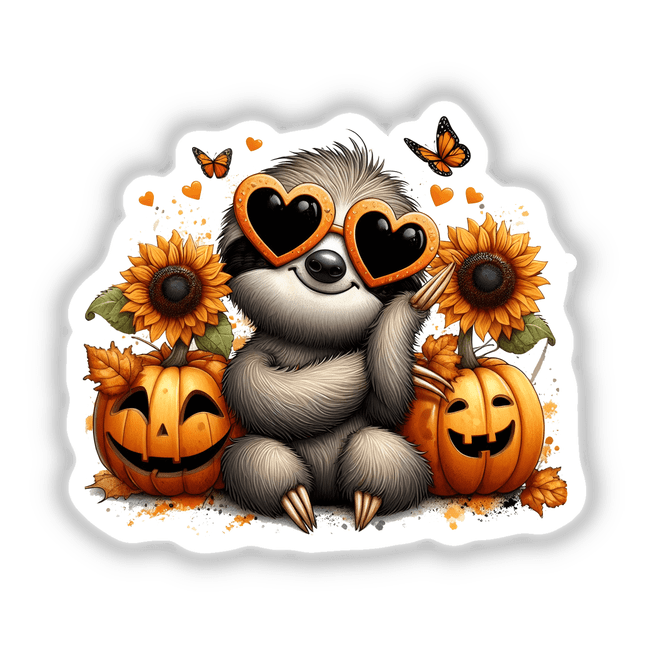 Resting Fall Sloth Sunflowers and Pumpkins sticker or digital art featuring a cartoon sloth wearing sunglasses amidst sunflowers and pumpkins.