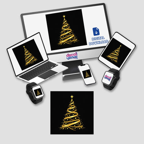 Gold Ribbon Christmas Tree displayed on devices including a laptop, monitor, and phone, available as stickers or digital artwork. Ideal for festive digital decor or unique sticker collection.