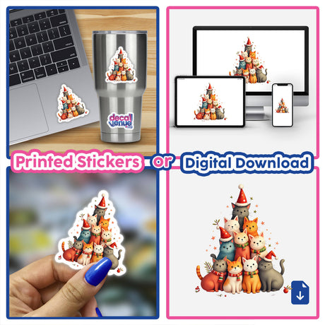 Christmas Cats stickers and digital artwork featuring whimsical cat illustrations, including cats with Santa hats and scarves, ideal for laptops or festive decor. Available at Decal Venue.