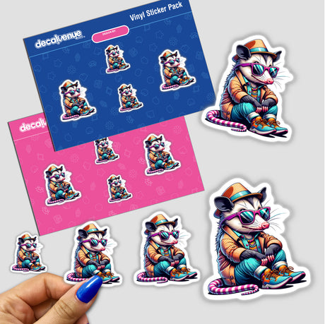 Stylish Opossum Sunglasses sticker featuring a cartoon opossum wearing sunglasses and a hat, available as stickers or digital artwork.