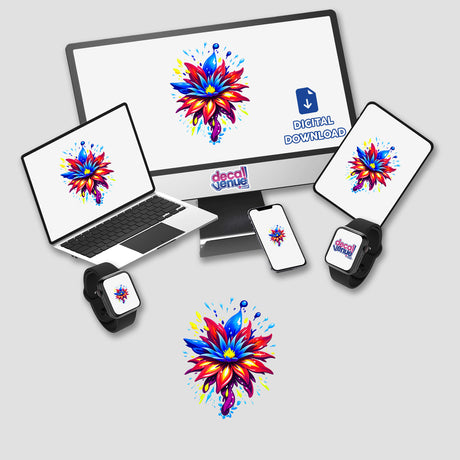A Colorful Spring Flower displayed on a computer monitor and laptop, showcasing vibrant digital artwork, available as stickers or digital art from Decal Venue.