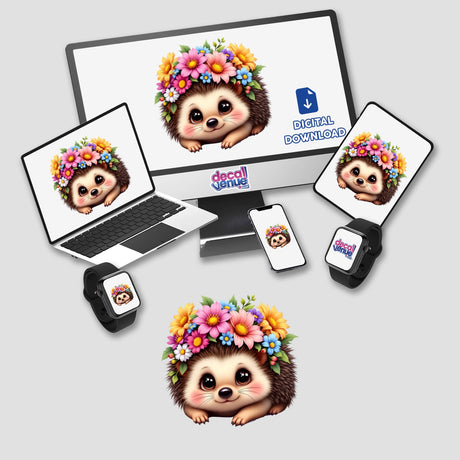 Cute Hedgehog with a Floral Crown design displayed on a computer monitor and laptop screen, featuring a whimsical hedgehog with flowers, available as stickers and digital art from Decal Venue.