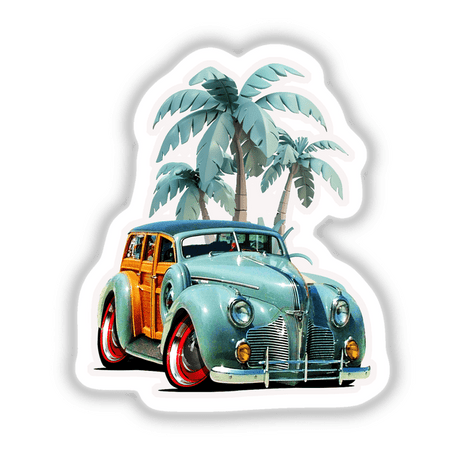 Blue Woodie illustration featuring a car with wood paneling and red rims, surrounded by palm trees. Available as stickers or digital artwork from Decal Venue.