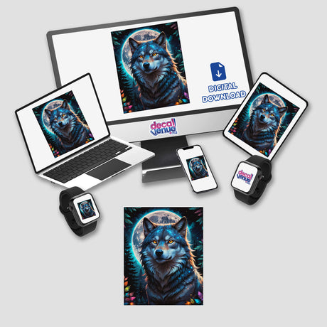 A Wolf In The Night With A Bright Moon depicted on various electronic devices, showcasing digital artwork of a wolf with stars and moon, available as stickers or digital art.