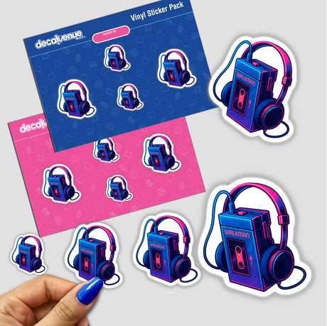 Walkman Cassette Player Clipart PNG & Sticker – 1980s Music Printable, featuring a cartoon-style cassette player with headphones, ideal for retro enthusiasts and sticker collectors at Decal Venue.