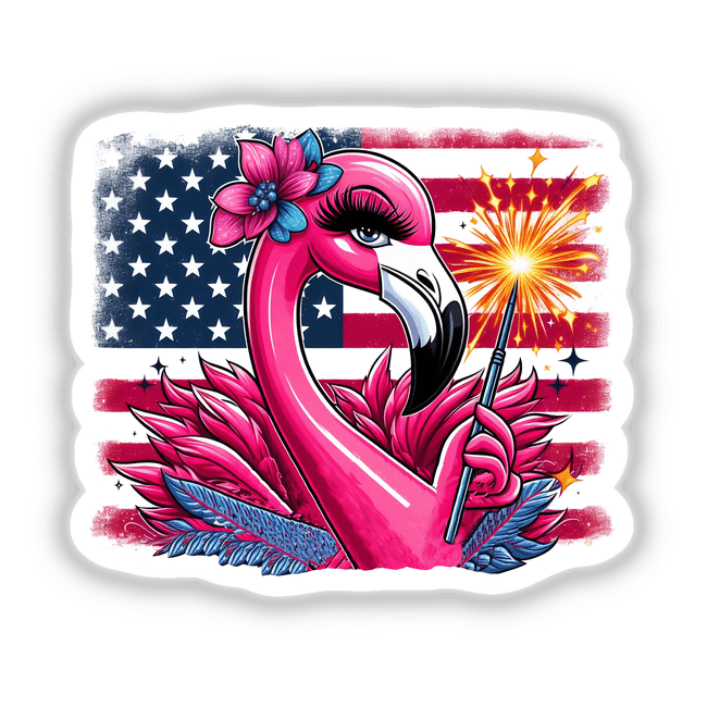 Patriotic pink flamingo with flower, sparkler, and American flag background