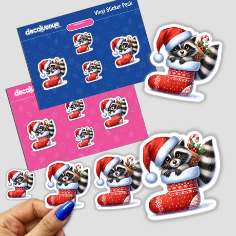Cute Santa Raccoon in Christmas Stocking stickers featuring a whimsical raccoon peeking from a festive stocking, available as part of Decal Venue's unique sticker and digital art collection.