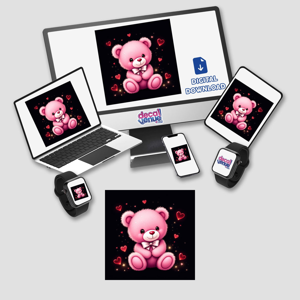 Pink Teddy Bear with White Bow and Red Hearts displayed on various devices, showcasing its availability as unique stickers or digital artwork from Decal Venue.