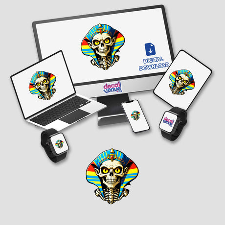 Cartoon Egyptian Pharaoh Skull on computer and laptop screens, available as stickers or digital artwork from Decal Venue.