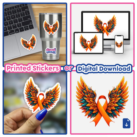 Collage featuring a laptop adorned with an Orange Awareness Ribbon with Wings sticker, showcasing the unique design available as stickers or digital artwork from Decal Venue.