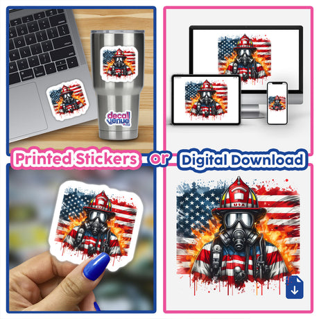 USA Flag American Firefighter Fireman - Patriotic digital artwork featuring a firefighter in front of the American flag