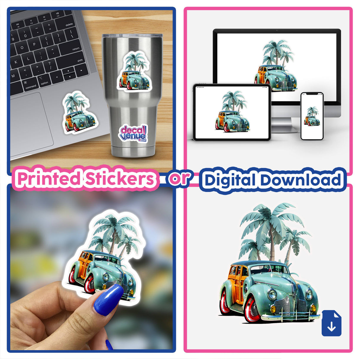 Blue Woodie sticker collage featuring cars, laptops, and palm trees, showcasing the unique vinyl sticker and digital art style of Decal Venue.