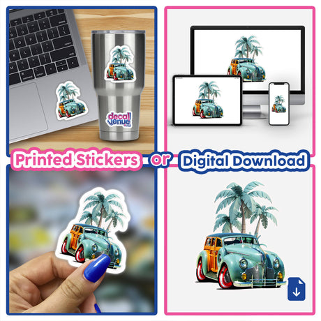 Blue Woodie sticker collage featuring cars, laptops, and palm trees, showcasing the unique vinyl sticker and digital art style of Decal Venue.