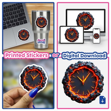Molten Lava Clock collage featuring clocks surrounded by lava, highlighting unique sticker or digital artwork options from Decal Venue.