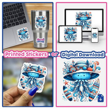 Octopus in Summer Beach Hat with Surfboard