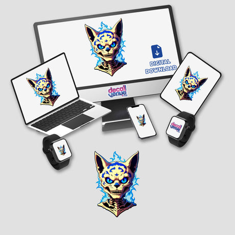 Computer monitor and laptop display cartoon cat faces styled as A Cool Undead Cat Skeleton, available as stickers or digital artwork, reflecting Decal Venue's unique design offerings.